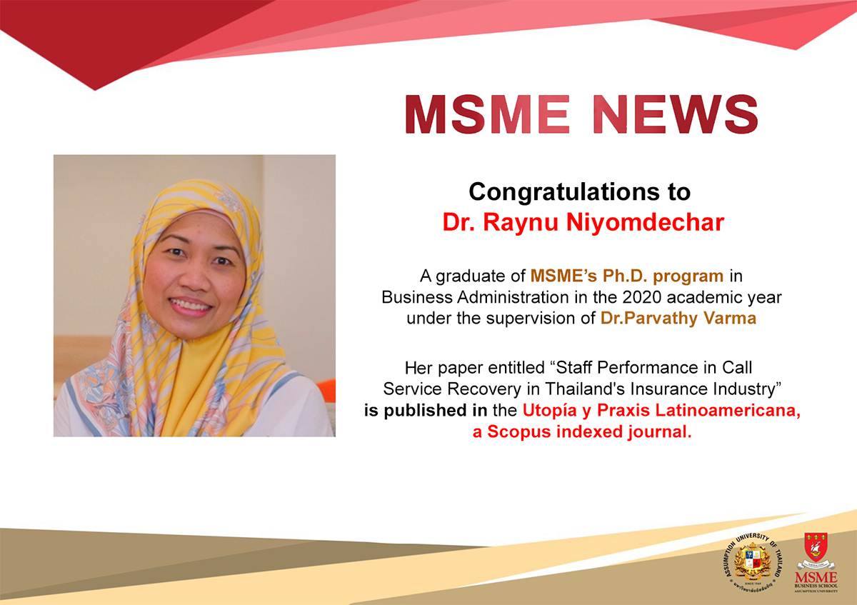 Congratulations to Dr. Raynu Niyomdechar, a Graduate of MSME ...